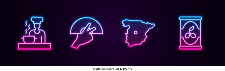 Set line Spanish cook, Fan flamenco, Map of Spain and Olives can. Glowing neon icon. Vector