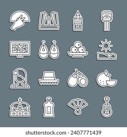 Set line Spanish guitar, Orange fruit, Beach, Giralda, Earrings, Picture art, Fan flamenco and Olives on plate icon. Vector