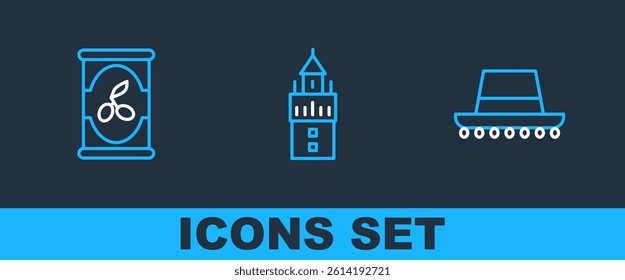 Set line Spanish hat, Olives in can and Giralda icon. Vector