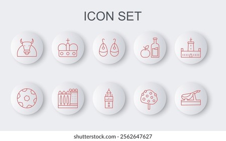 Set line Spanish jamon, Football ball, Earrings, Orange tree, Bull, Crown of spain, Dali museum and Giralda icon. Vector