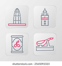 Set line Spanish jamon, Olives in can, Giralda and Agbar tower icon. Vector