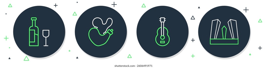 Set line Spanish wineskin, guitar, Wine bottle with glass and Gate of Europe icon. Vector