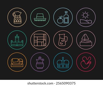 Set line Spanish wineskin, Yacht sailboat, Apple cider bottle, House Edificio Mirador, Montjuic castle, Sangria pitcher,  and hat icon. Vector