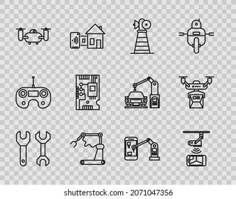 Set line Spanner, Antenna, Industrial machine robotic robot arm hand factory, Drone flying with action, Electronic computer components motherboard digital chip,  and delivery concept icon. Vector