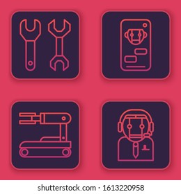 Set line Spanner, Robot, Bot and Worker robot. Blue square button. Vector
