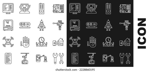 Ajuste de línea Spanner, Smart Home, Mano y destornillador de robots mecánicos, Control remoto, sistema de escaneo 3d, impresora 3D, pantalla de monitor de ordenador e icono Robot. Vector