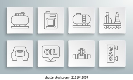 Set line Spare wheel in the car, Canister for motor oil, Word, Metallic pipes and valve, Gas filling station, Oil tank storage, platform sea and  icon. Vector