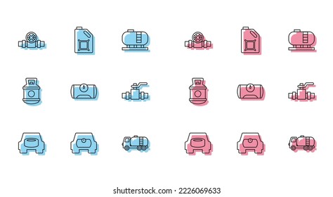 Set line Spare wheel in the car, Gas tank for vehicle, Metallic pipes and valve, Tanker truck, Propane gas and Canister motor oil icon. Vector