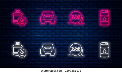 Set line Spare wheel in the car, Location and gas station, Propane tank and Barrel oil. Glowing neon icon on brick wall. Vector