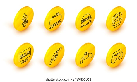 Set line Spare wheel in the car, Metallic pipes and valve, Gasoline pump nozzle, Location gas station, Oil tanker ship, storage and rig with fire icon. Vector