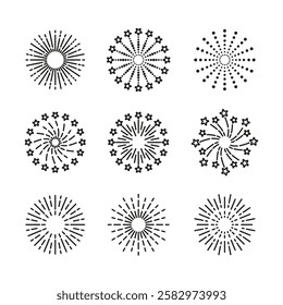 Set of line sparkle explosion burst stars and sparks. Outline firework symbols. Birthday party isolated elements. Happy new year shiny icon on white background. Vector illustration.