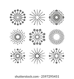 Set of line sparkle explosion. Burst stars, sparks and salutes. Firework icon. Happy new year shiny symbol. Outline birthday party elements isolated on white background. Vector illustration.