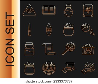 Set line Sparkle stars with magic trick, Circus tent, Eye, Bottle potion, Wizard warlock, Magic wand, Masons and Witch cauldron icon. Vector