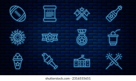 Set line Sparkler firework, Beer pong game, American flag, Star military, Firework, Football ball, Medal with star and Declaration of independence icon. Vector