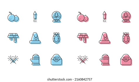 Set line Sparkler firework, Christmas mitten, Tangerine, party invitation card, Santa Claus hat, wreath, Winter scarf and Firework rocket icon. Vector