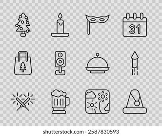 Set line Sparkler firework, Christmas Santa Claus hat, Festive mask, Wooden beer mug, tree, Stereo speaker, Firework rocket and  icon. Vector