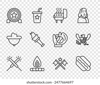 Set line Sparkler firework, Hotdog sandwich, Barbecue grill, Campfire, Medal with star, Torch flame, American flag and Eagle icon. Vector