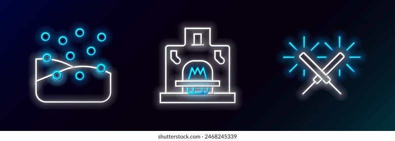 Set line Sparkler firework, Snowfall and Interior fireplace icon. Glowing neon. Vector