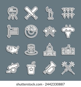 Fijar línea Fuegos artificiales de Sparkler, Congreso del Capitolio de los Estados Unidos, Salchicha en el tenedor, Estatua de la Libertad, Donut, bandera americana, parrilla de barbacoa e icono. Vector