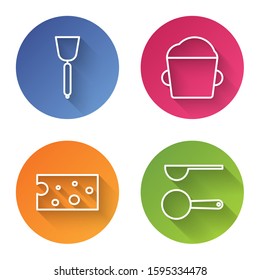 Set line Spatula , Bakery bowl dough , Cheese  and Measuring spoon . Color circle button. Vector