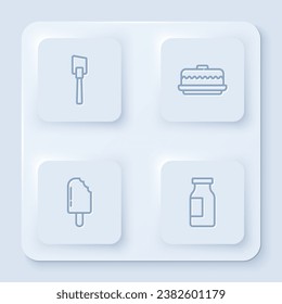 Set line Spatula, Cake, Ice cream and Bottle with milk. White square button. Vector