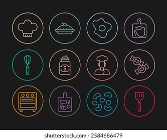 Set line Spatula, Candy, Scrambled eggs, Jar of sugar, Kitchen whisk, Chef hat, Cook and Homemade pie icon. Vector