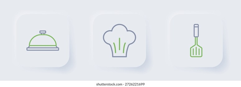 Set line Spatula, Chef hat and Covered with tray of food icon. Vector