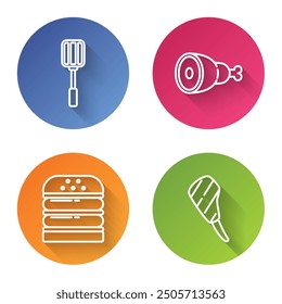 Set line Spatula, Chicken leg, Burger and Rib eye steak. Color circle button. Vector