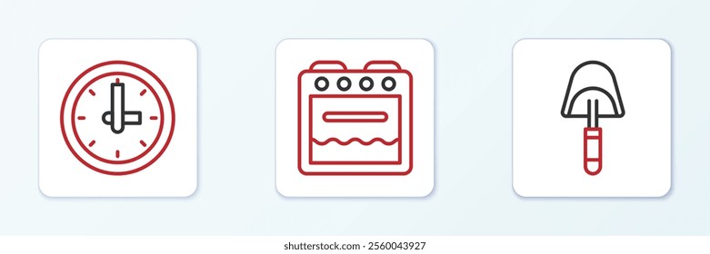 Set line Spatula, Clock and Oven icon. Vector