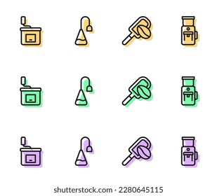 Set line Spatula with coffee grain, Manual grinder, Tea bag and Electric icon. Vector