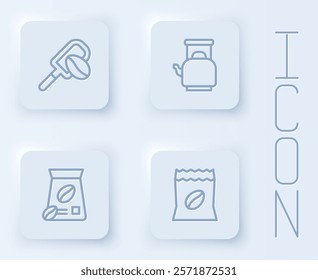 Set line Spatula with coffee grain, Kettle handle, Bag beans and . White square button. Vector