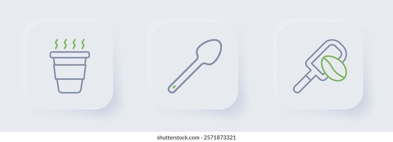 Set line Spatula with coffee grain, Teaspoon and Coffee cup to go icon. Vector