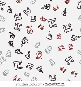 Set line Spatula with coffee grain, Coffee machine, cup to go and Location bean on seamless pattern. Vector