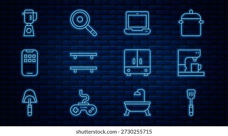 Definir linha Espátula, Máquina de café, Laptop, Prateleiras de madeira vazias, Aplicativos móveis, Blender, Roupeiro e frigideira ícone. Vetor