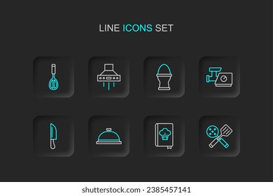 Set-Linie Spatula, Kochbuch, Bedeckt mit Futter, Knife, Küchen Fleisch-Gegner, Hühnereier Ei auf Ständer, Extraktor Fan und Whisk-Ikone. Vektorgrafik