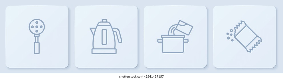 Espátula, olla, hervidor eléctrico y paquete de pimienta. Botón cuadrado blanco. Vector