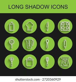 Espátula, olla de cocina, tabla de cortar, batidor de cocina, básculas, taza de medición, rodillo y cuchara icono. Vector