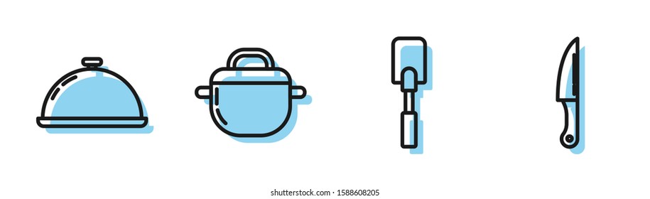 Set line Spatula , Covered with a tray of food , Cooking pot  and Knife  icon. Vector