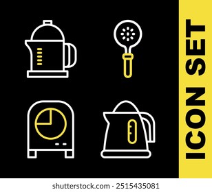 Set line Spatula, Electric kettle, Kitchen timer and French press icon. Vector