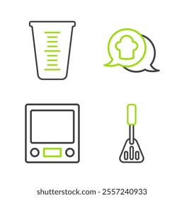 Set line Spatula, Electronic scales, Chef hat in speech bubble and Measuring cup icon. Vector