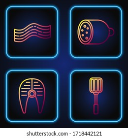 Set line Spatula, Fish steak, Bacon stripe and Salami sausage. Gradient color icons. Vector