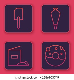 Set line Spatula , Flour pack , Pastry bag for decorate cakes and Donut with sweet glaze . Blue square button. Vector