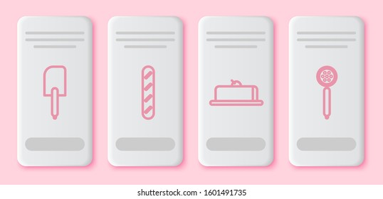 Set line Spatula , French baguette bread , Strawberry cheesecake slice and Strainer spoon . White rectangle button. Vector