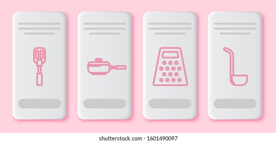 Set line Spatula , Frying pan , Grater  and Kitchen ladle . White rectangle button. Vector