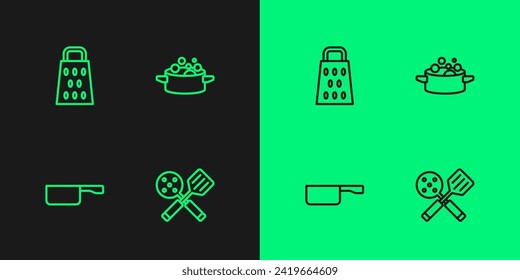Set line Spatula, Frying pan, Grater and Cooking pot icon. Vector