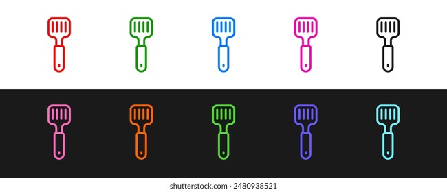 Set line Spatula icon isolated on black and white background. Kitchen spatula icon. BBQ spatula sign. Barbecue and grill tool.  Vector