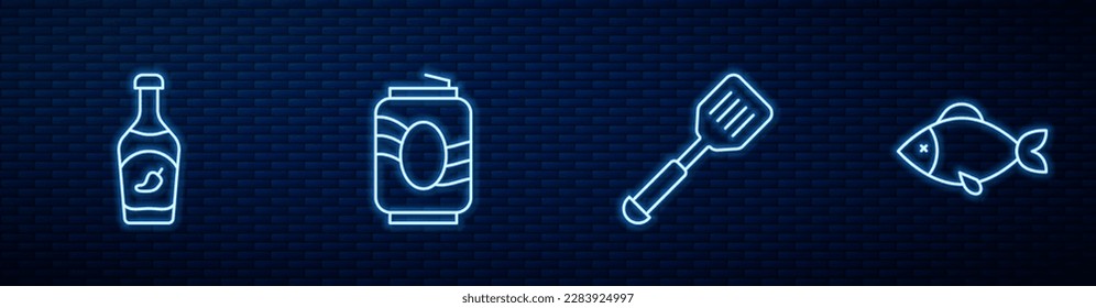 Set line Spatula, Ketchup bottle, Soda can and Fish. Glowing neon icon on brick wall. Vector