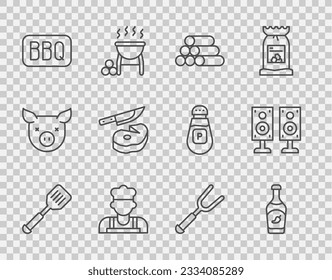 Set line Spatula, Ketchup bottle, Wooden logs, Cook, Barbecue, Steak meat and knife, fork and Stereo speaker icon. Vector