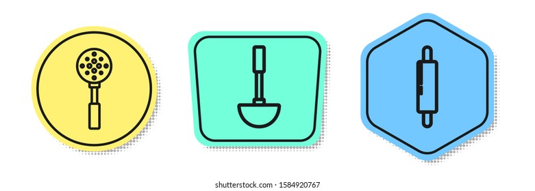 Set line Spatula , Kitchen ladle  and Rolling pin . Colored shapes. Vector
