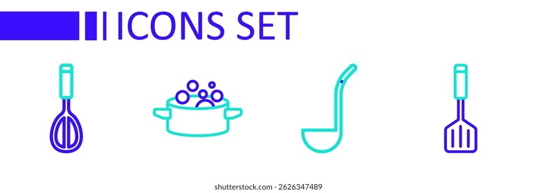 Set line Spatula, Kitchen ladle, Cooking pot and whisk icon. Vector